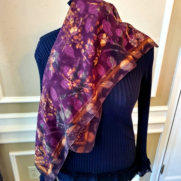 Beautiful Purple and Floral Silk Scarf - Picture 1 of 5